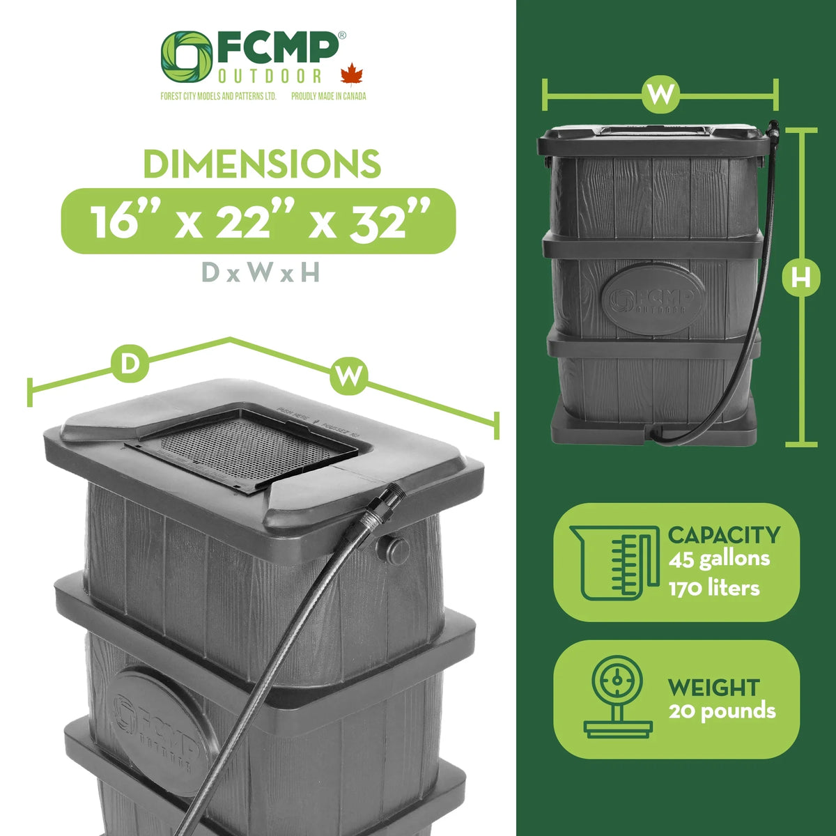 FCMP Outdoor WG4000-GRY Home Outdoor Wood Grain Rain liquid Catcher Barrel