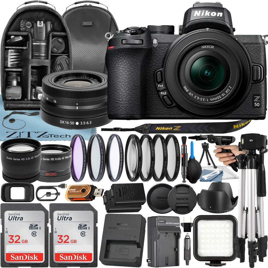 Z50 Mirrorless Camera with NIKKOR Z DX 16-50mm VR Lens + 2 Pack 32GB SanDisk Card + Case + Tripod + ZeeTech Accessory Bundle