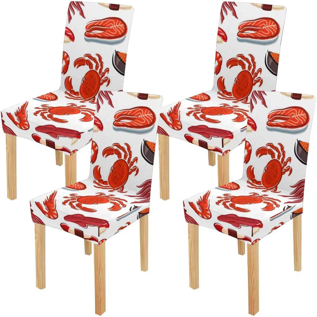 FMSHPON Salmon Steaks Shrimps Crabs Squids Sushi Stretch Chair shield Protector Seat Slipcover for Dining Room Hotel Wedding Party Set of 4