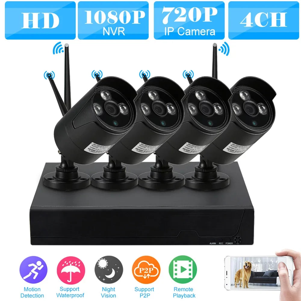 4CH 1080P HD WiFi NVR Kit with 4pcs 1.0MP Wireless WiFi Waterproof Outdoor IP Camera Support P2P IR-CUT Night Vision Phone Control Motion Detection for CCTV System