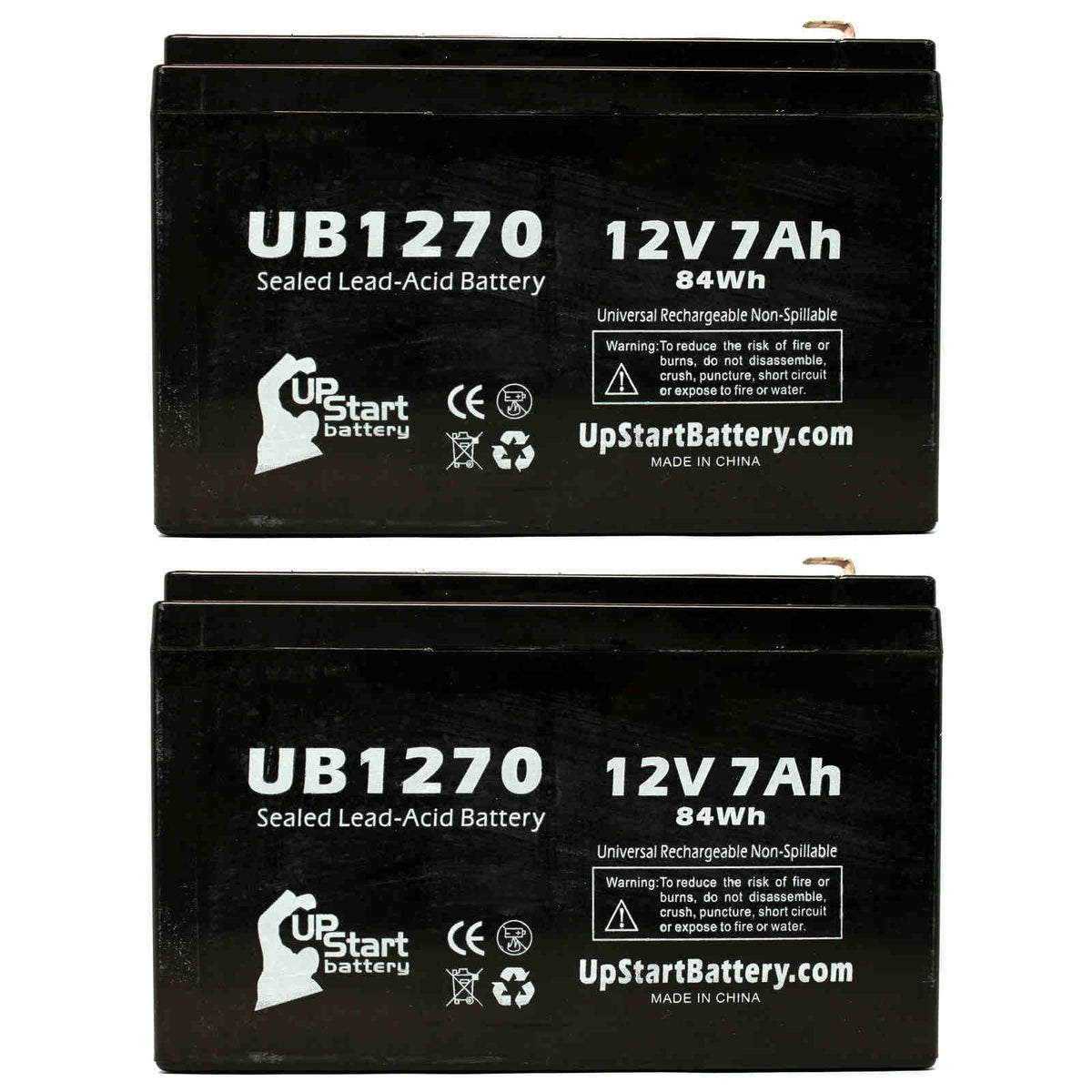 2x Pack - matching APC SMART-UPS 2000 SURT2000XLI Battery - Replacement UB1270 Universal Sealed Lead Acid Battery (12V, 7Ah, 7000mAh, F1 Terminal, AGM, SLA) - Includes 4 F1 to F2 Terminal Adapters
