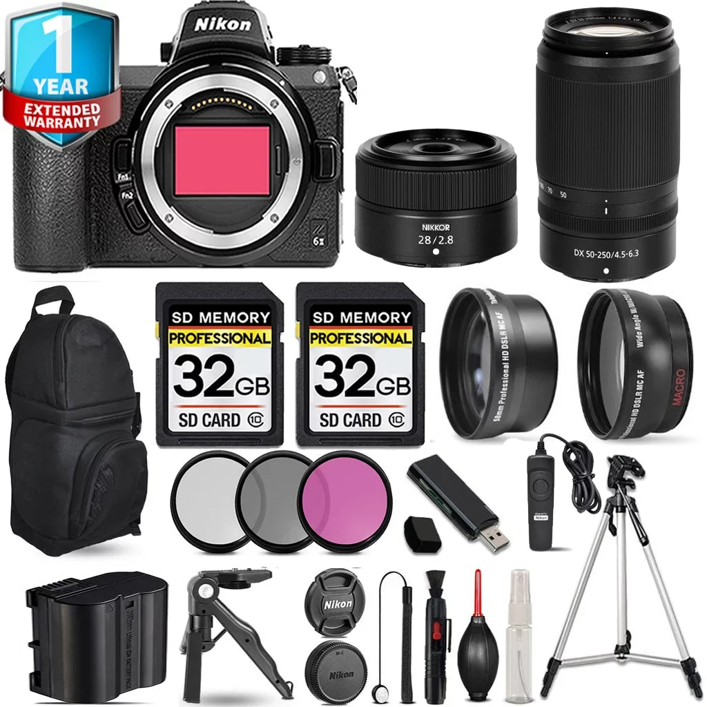 Z6 II Mirrorless Camera with 50-250mm f/4.5-6.3 VR Lens + 28mm f/2.8 Lens + 3 PC Filter Set + Backpack + 64GB