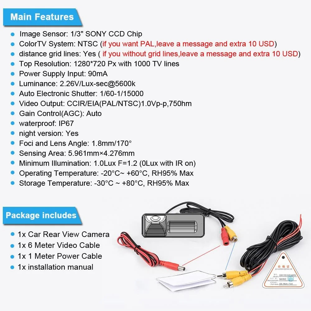 Waterproof Night Vision HD CCD 170°Viewing Field Car Rear View Backup Parking Camera for Skoda New Beetle VW