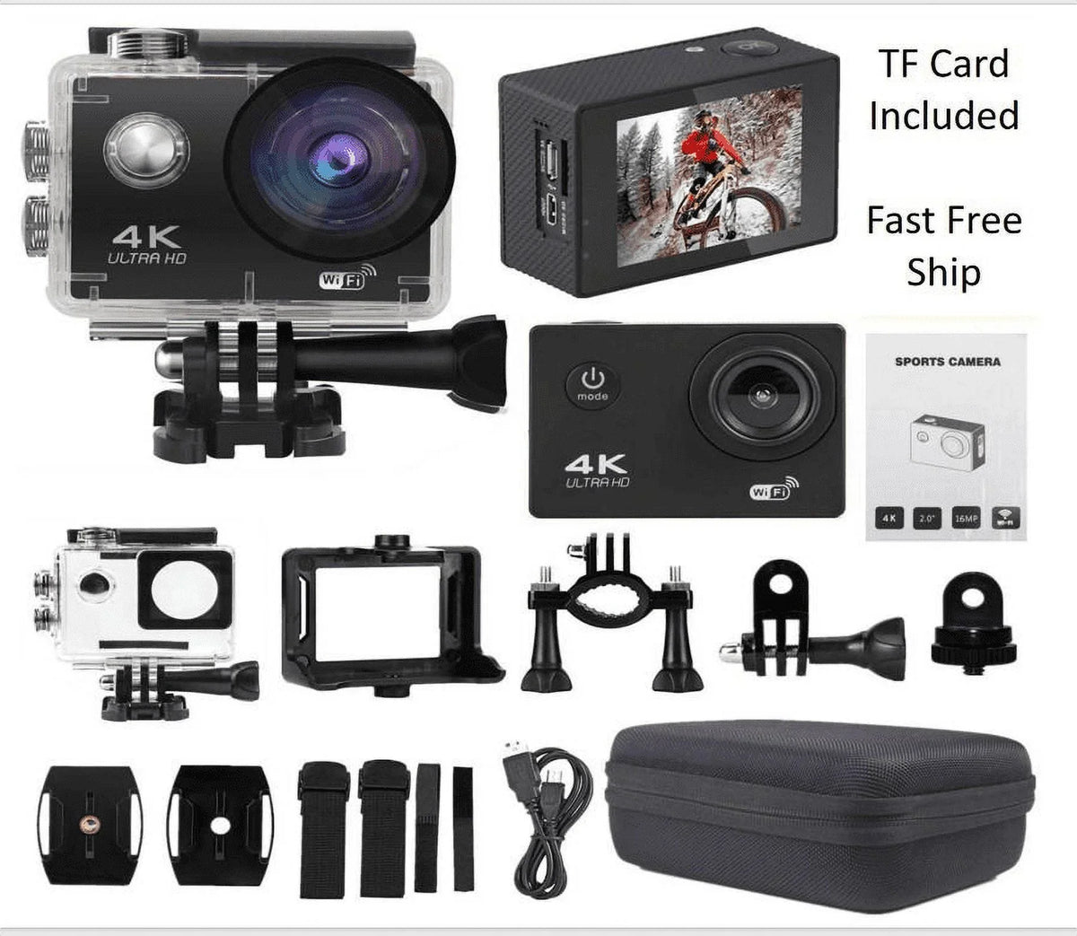 Action Camera HD 1080P Sports Camera Under 30M Waterproof, TF Card, Battery, Carry Case Included