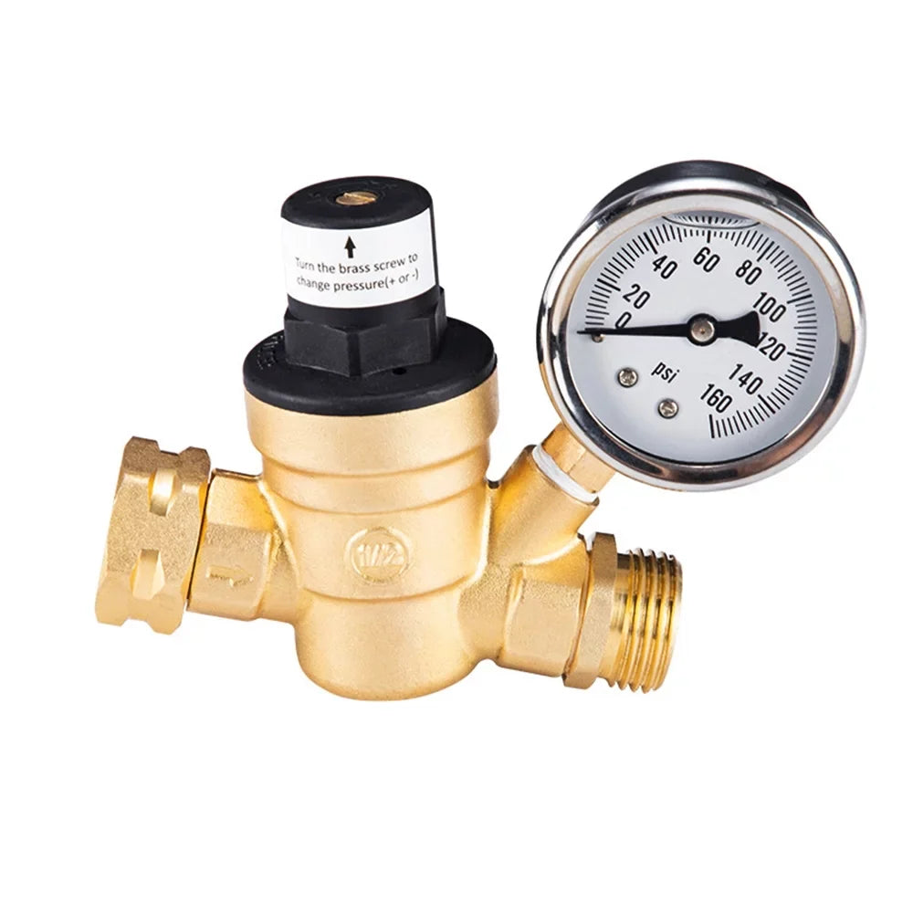 moobody Brass liquid Pressure Regulator Valve for RV Travel Trailer, Adjustable Reducer with Gauge and Inlet Screened Filter