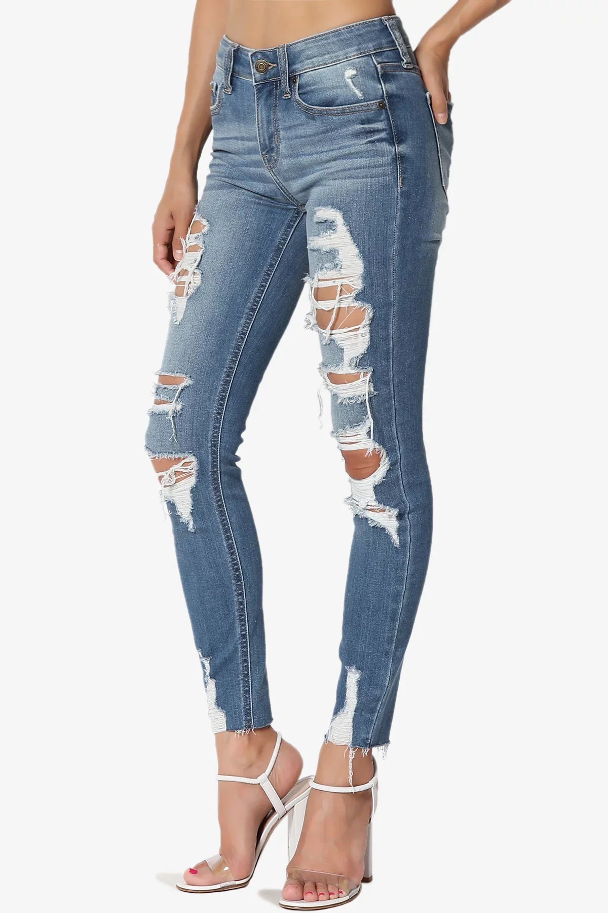 TheMogan Women's Distressed Ripped Mid Rise Stretch Perfect Skinny Jeans in Deep MD