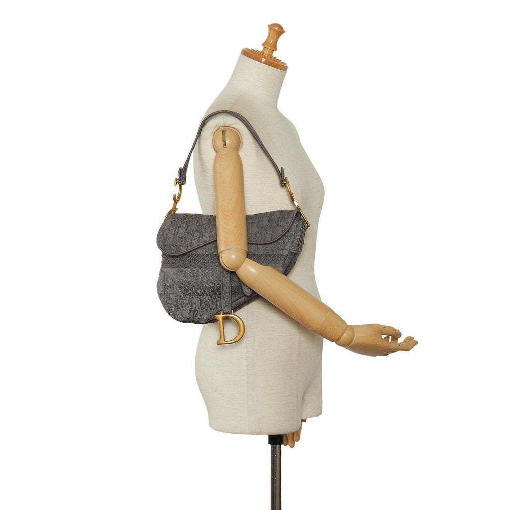 Pre-Owned Authenticated Dior Embroidered Saddle Bag Canvas Fabric Gray Shoulder Bag Unisex (Good)
