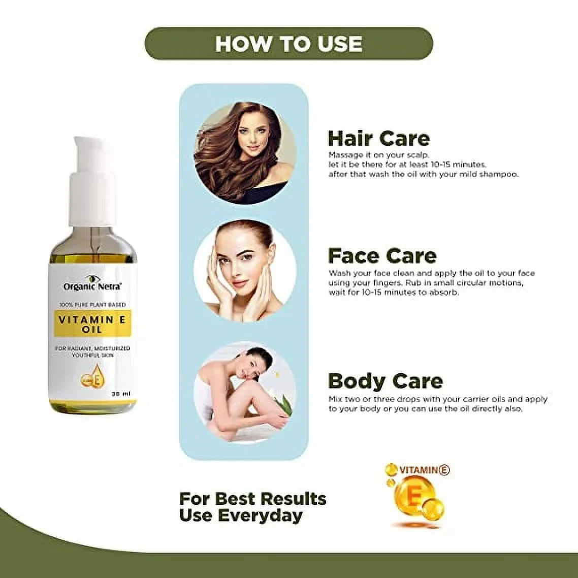 Organic Netra® Vitamin E Oil – Pure Plant-Based Face and Hair Oil for Men and Women – Ideal for Radiant, Moisturized and Youthful Looking Skin and Hair - For Stretch Marks – 30 ml