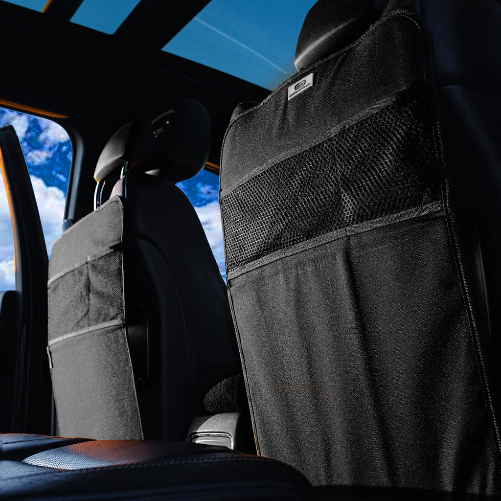 Gorla Gear Black Heavy Duty Kick Mats Back Seat Protector 2 Pack Car Seat Organizer Protection from Booster Seat Baby Toddler Kids Kicking Upgraded elastic Hooks Universal Fit in Auto Trucks Vans SUV