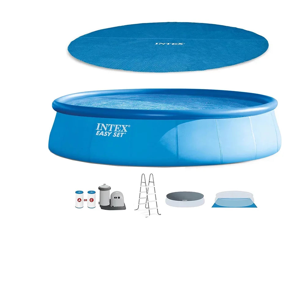 Intex 48in x 18ft Inflatable Round Metal Frame Above Ground Pool with Ladder, Pump & protector