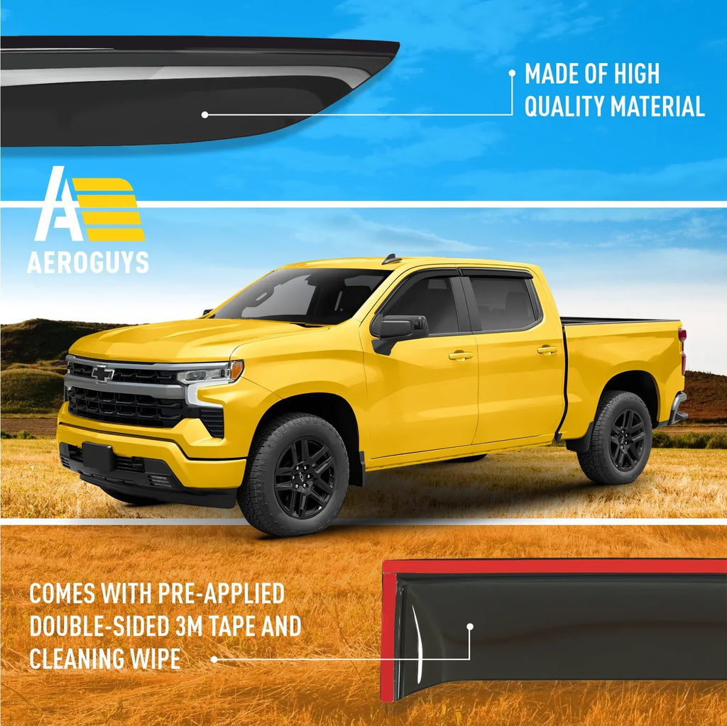 AG0422. AEROGUYS Tape-On Window Deflectors Extra Durable Window Visors Rain Guards Fit for Chevrolet (Chevy) Silverado 1500 2019-2024 Crew Cab, Sun Visors, Wind Vent Visors, Truck Accessories - 4pcs