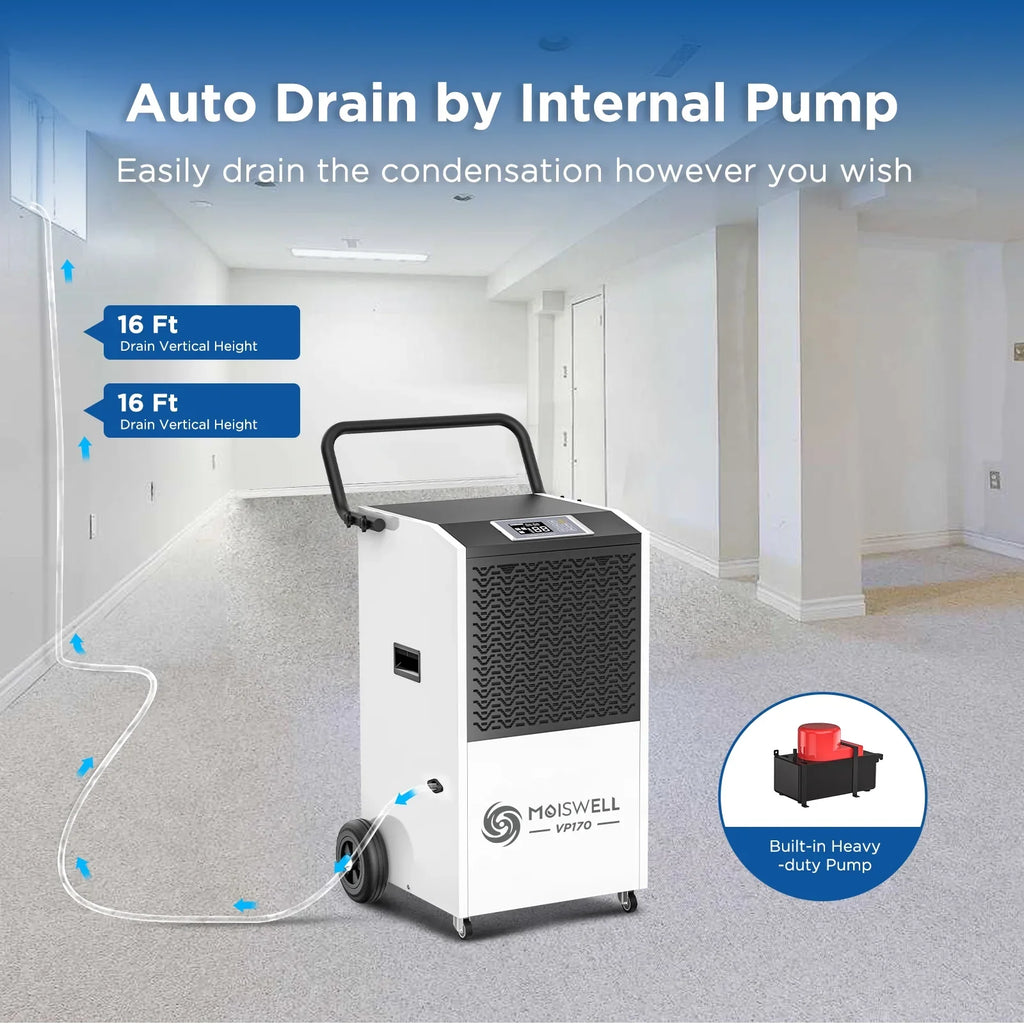 Moiswell 170 Pints Commercial Dehumidifier with Pump and Drain Hose - Ideal for Industrial Site, Basements, liquid Damage Unit for Large Spaces up to 7,500 Sq Ft - Auto Defrost, Memory Starting