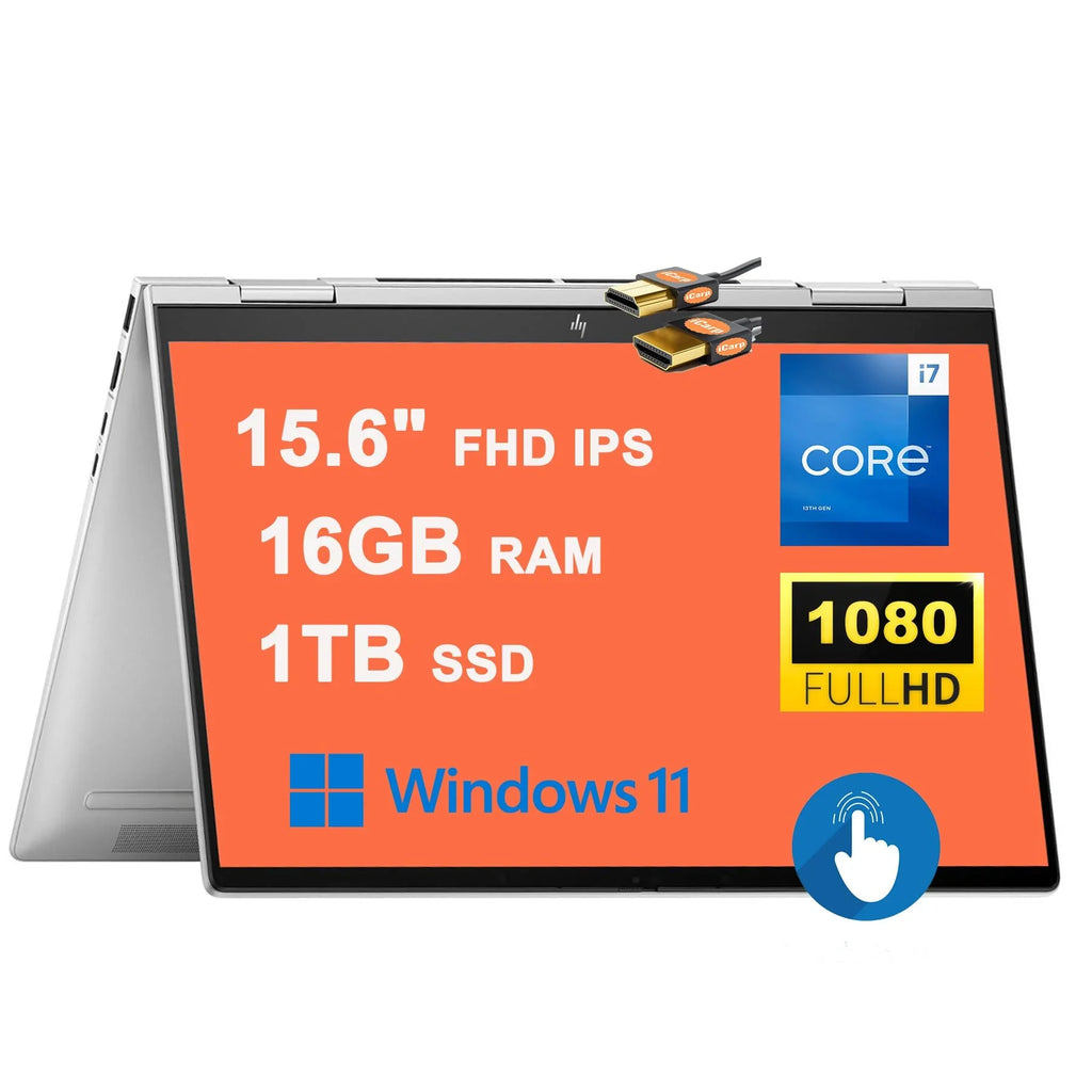 Envy X360 15 2-in-1 Laptop 15.6" FHD IPS Touchscreen 13th Gen  10-Core i7-1355U 16GB RAM 1TB SSD  Iris Xe Graphics Backlit Thunderbolt USB-C HDMI B&O Win11 Silver + HDMI Cable