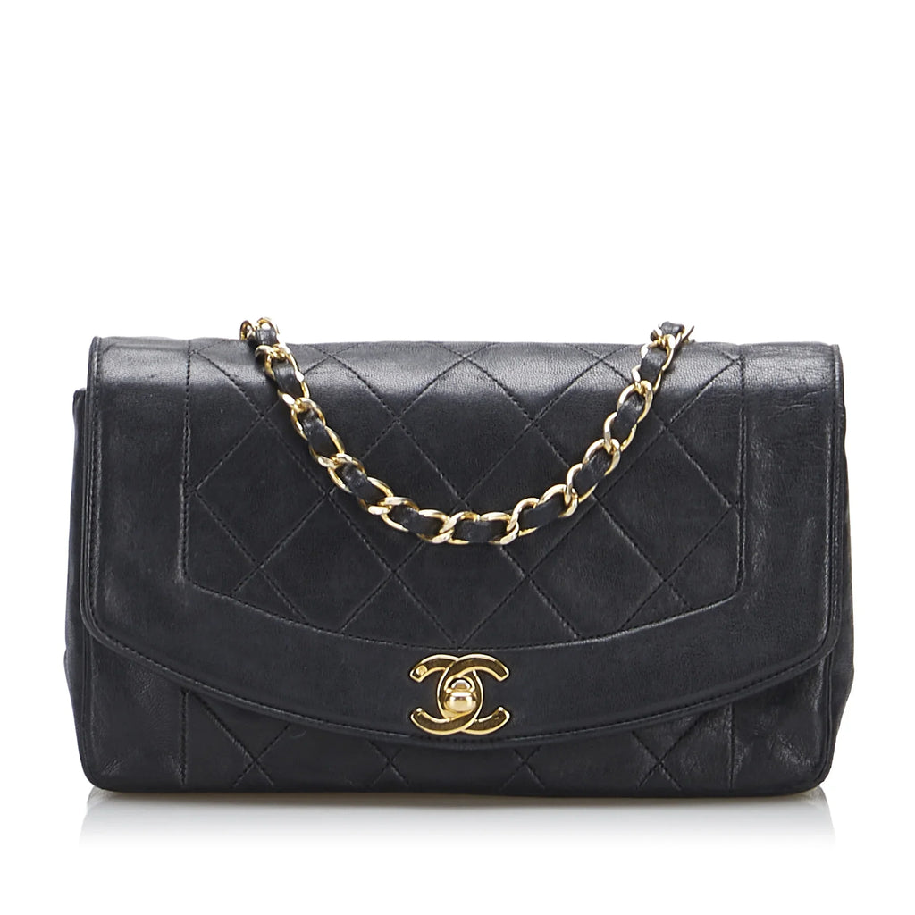 Pre-Owned Authenticated Chanel Small Lambskin Diana Flap Leather Black Crossbody Bag Unisex (Good)