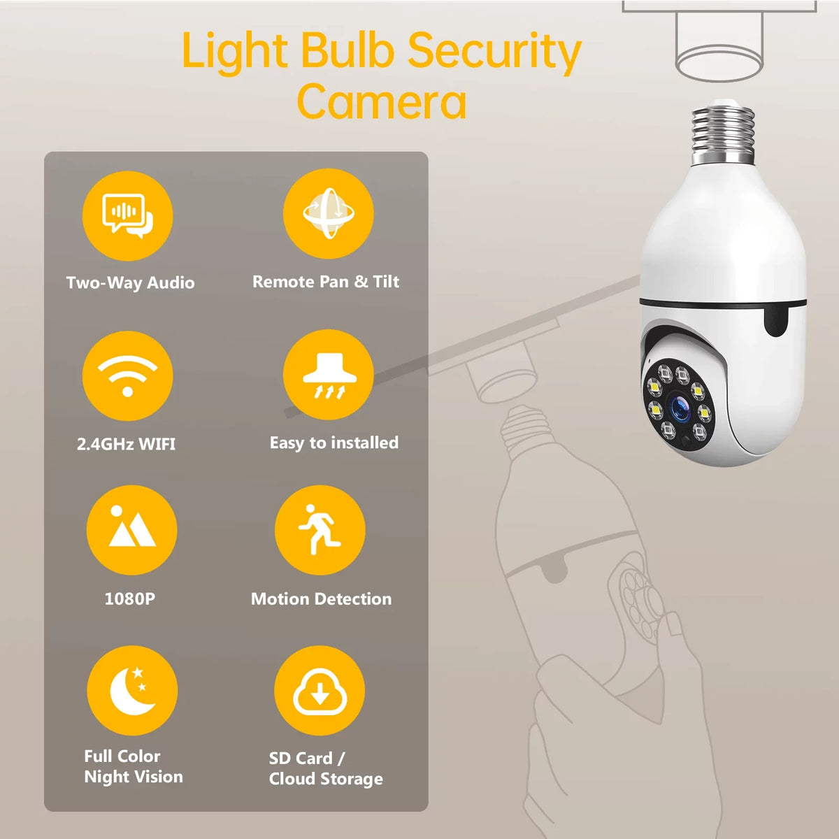TOGUARD E27 1080P Light Bulb Camera 2.4G Wifi Dome Security Camera Wireless Outdoor, 2-Way Audio Color Night Vision 360° IP Camera with Motion Detection Remote Access (2PCS)