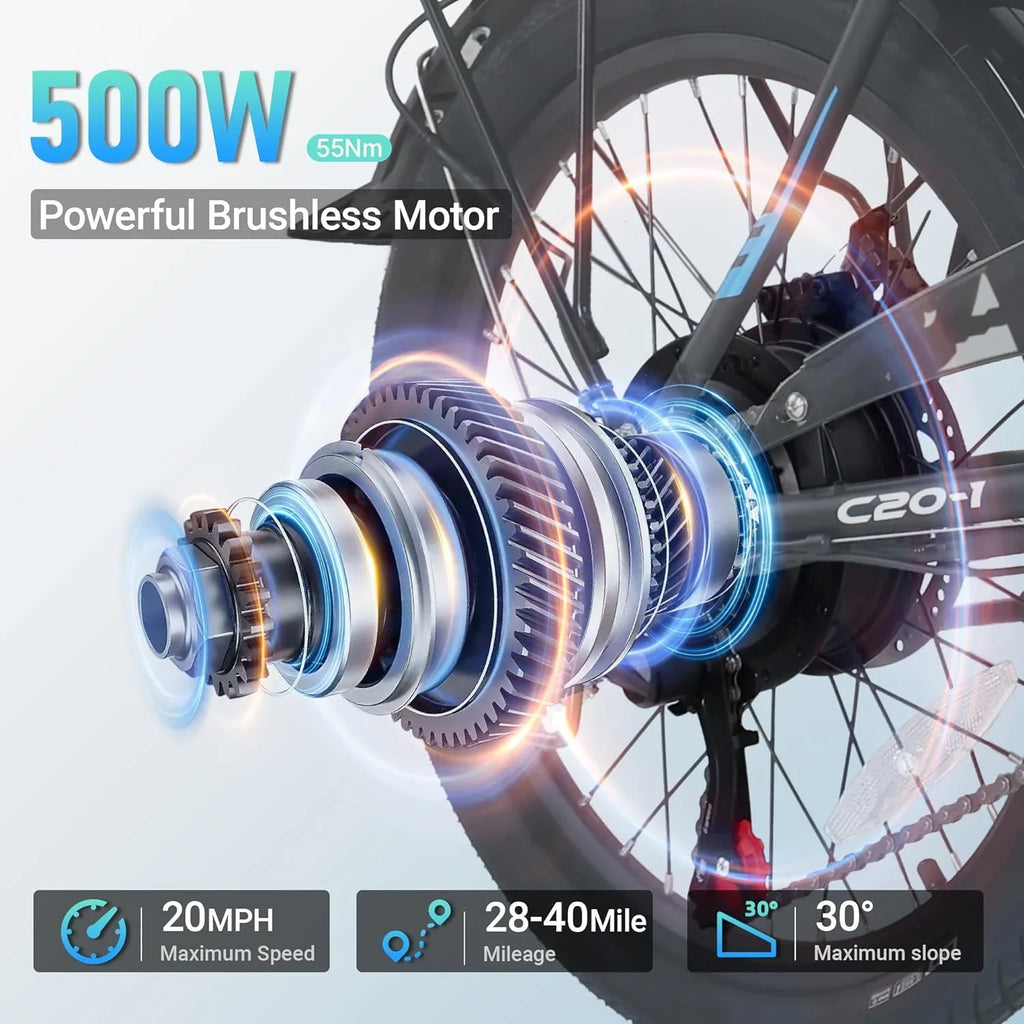 VARUN Electric Bike - 500W Folding Ebike with Stylish 20" Wheels, 48V Lithium Battery for 40 Miles Range and 20MPH Speed