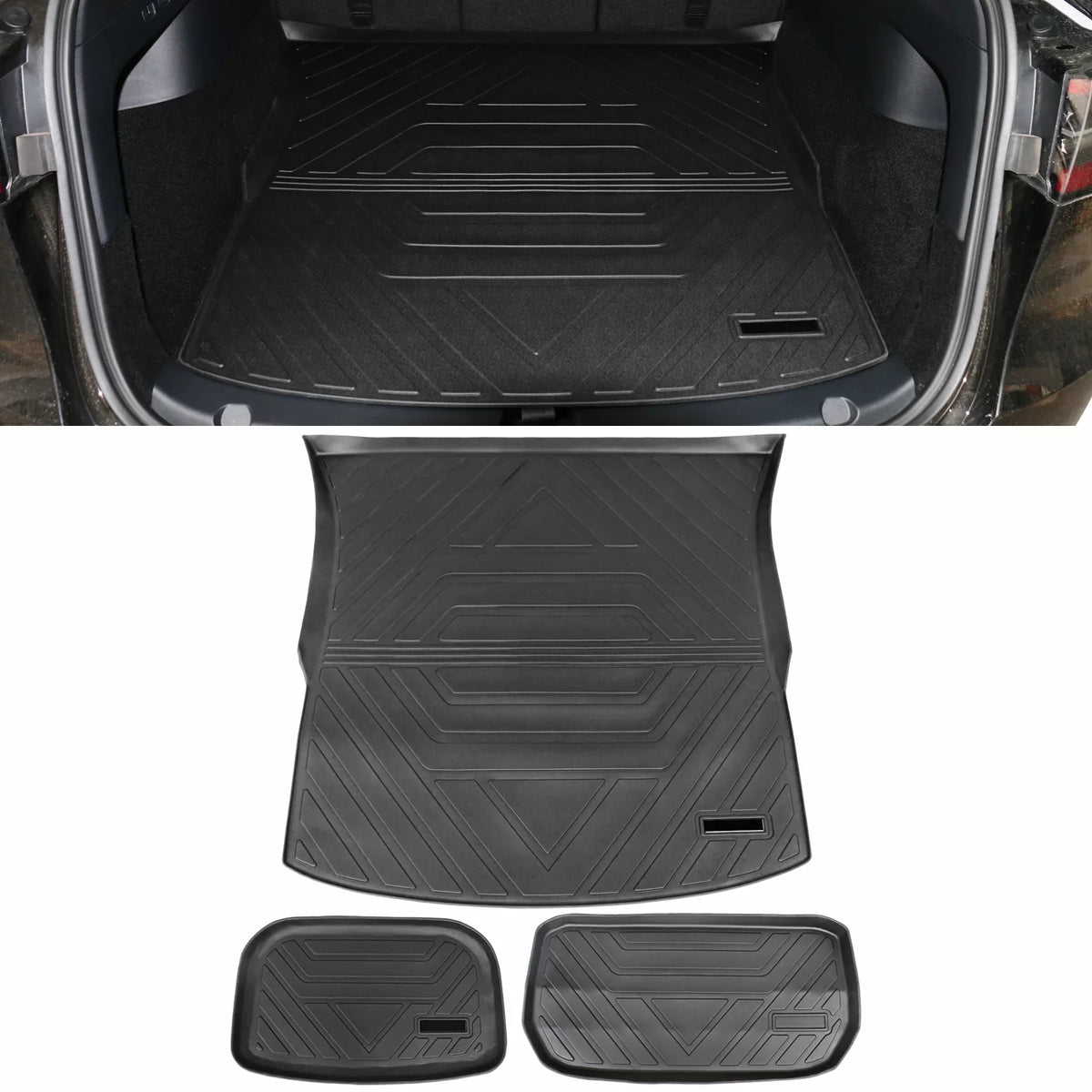 Ikon Motorsports Trunk Mats Cargo Liner matching with 2020-2023 Tesla Model Y Black TPE All climate Waterproof Anti-Slip Frunk Trunk Under Cargo Storage Liner Mat Interior Accessories 3PCS