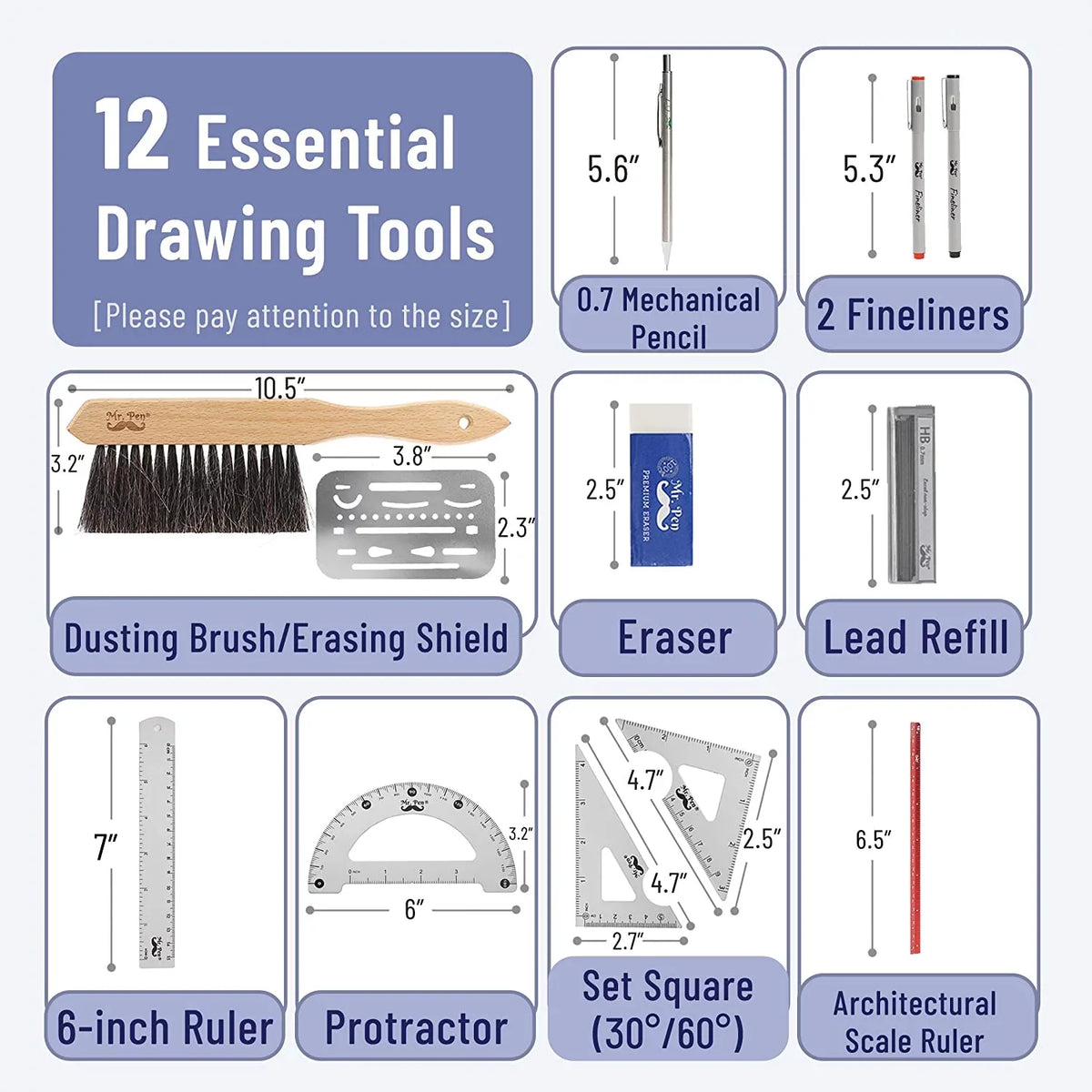 Pen- Architect Set, Professional Geometry Set, 17 Pcs, Compass and Protractor Set, Drafting Tools. Mr
