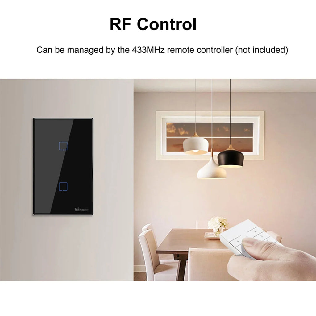 T3US2C-TX 2 Gang Smart WiFi Wall Light Switch 433Mhz RF Remote Control APP/Touch Control Timer US Standard Panel Smart Switch appropriate with Google Home/Nest & Alexa