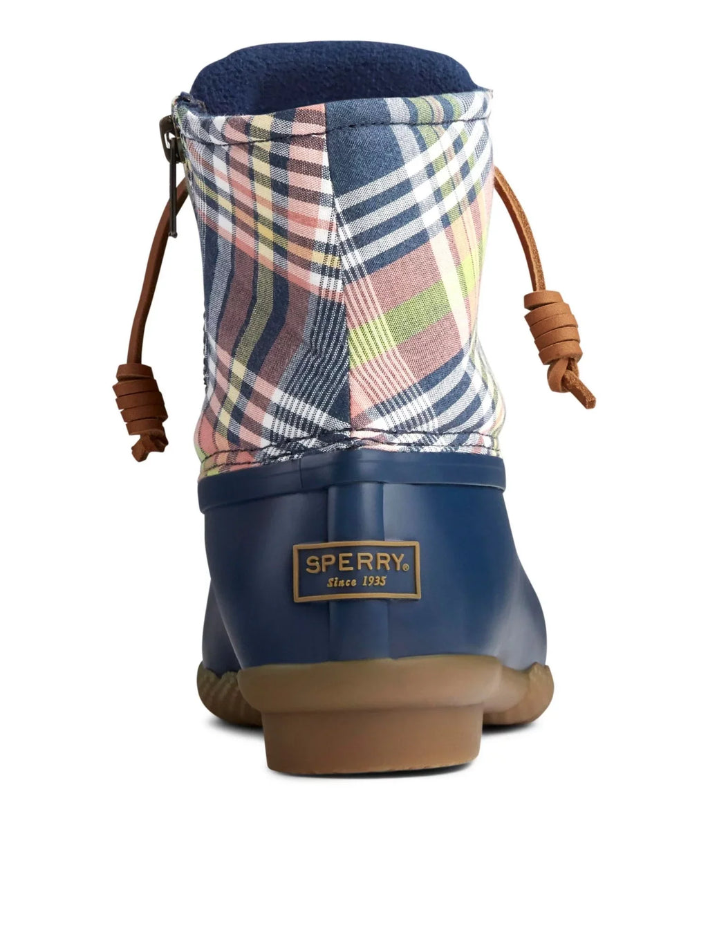 SPERRY Womens Blue Plaid Lace Non-Marking liquid impervious Saltwater Round Toe Block Heel Zip-Up Duck Boots 8.5 M