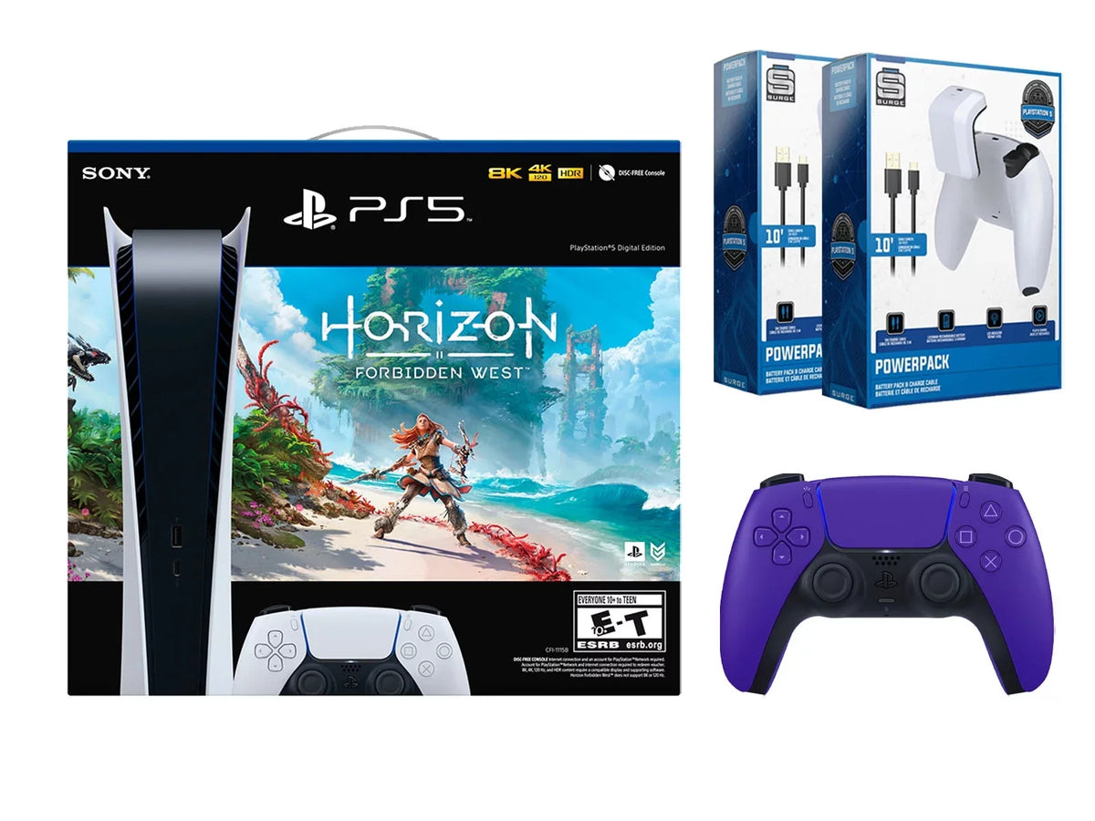 Playstation 5 Digital Horizon Forbidden West Bundle with Extra Purple Controller with 2 Pack Surge Battery Pack & Charge Cable