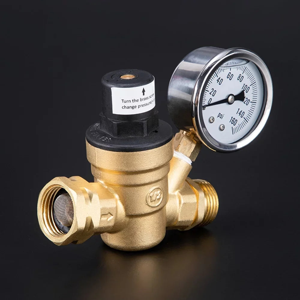 moobody Brass liquid Pressure Regulator Valve for RV Travel Trailer, Adjustable Reducer with Gauge and Inlet Screened Filter