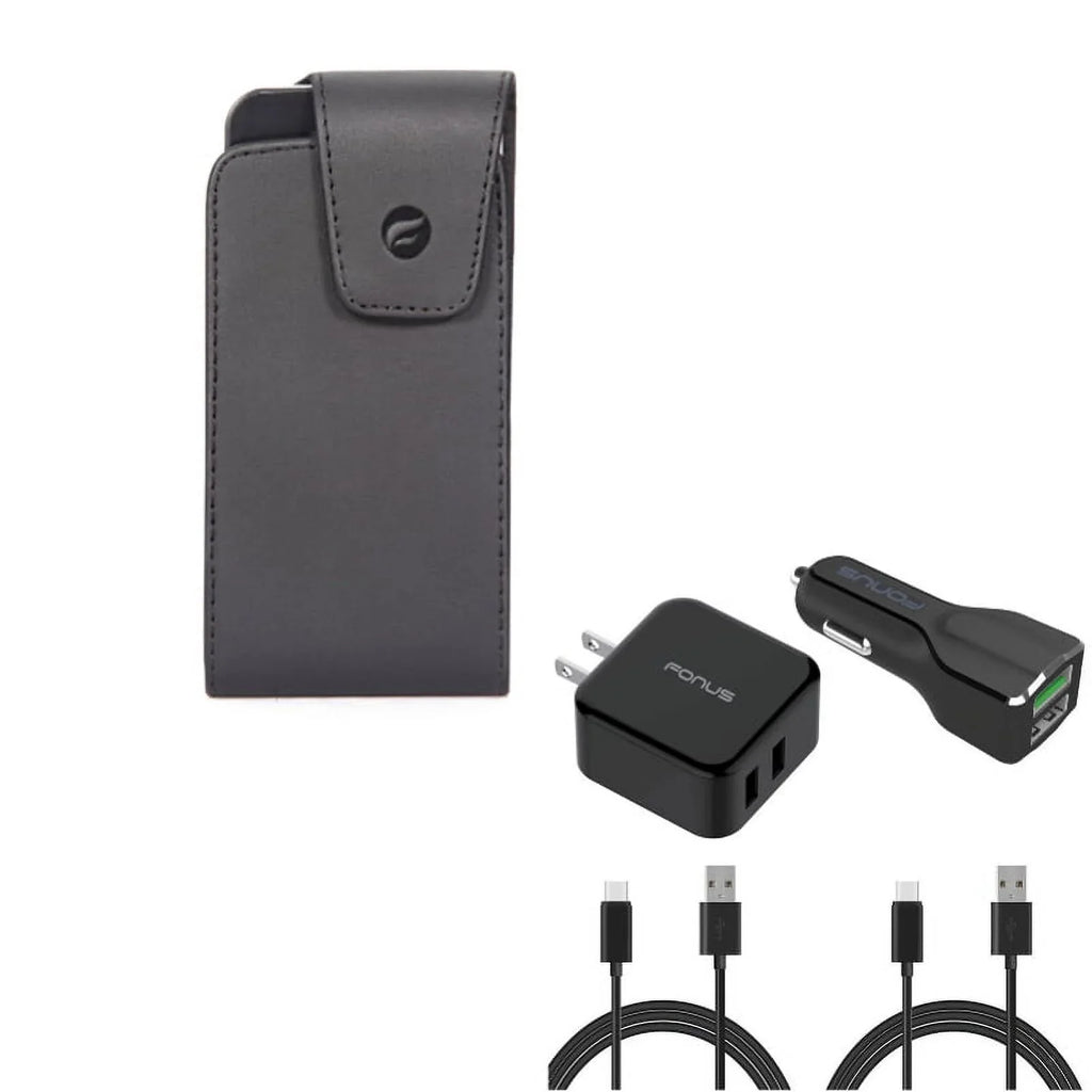 Black Leather Phone Case w 4-in-1 Adaptive Fast Home Car Charger 6ft Long (Two) USB Cable Bundle Z2D for  Liquid Jade Primo - Alcatel Idol 4S -  ZenFone 5z 4 Pro - Blackberry Motion