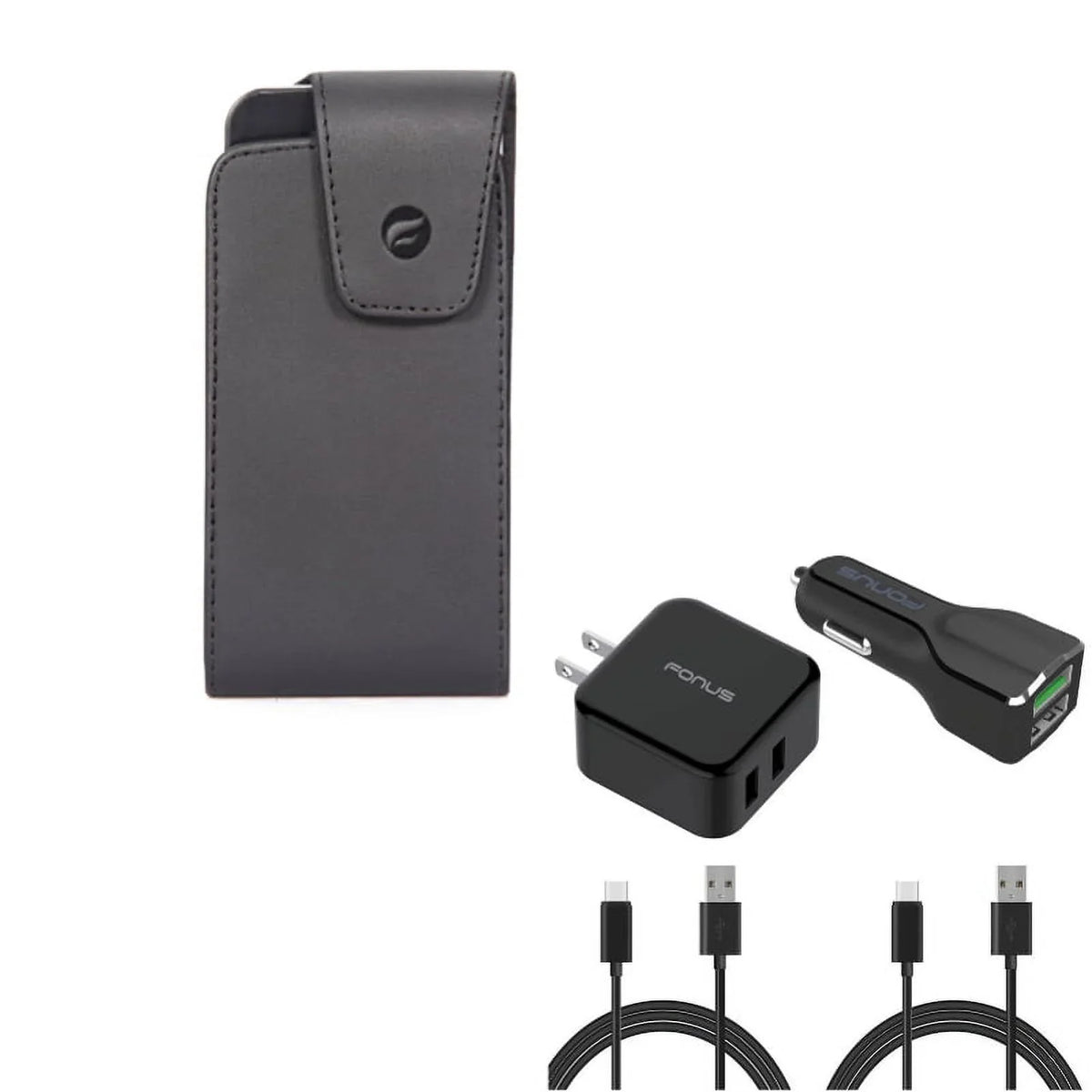 Black Leather Phone Case w 4-in-1 Adaptive Fast Home Car Charger 6ft Long (Two) USB Cable Bundle Z2D for  Liquid Jade Primo - Alcatel Idol 4S -  ZenFone 5z 4 Pro - Blackberry Motion