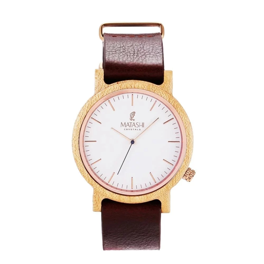 Matashi Mens and Womens Casual Wooden Wrist Watch w Brown Leather Strap, 1ATM liquid impervious, Business or Travel, Swiss