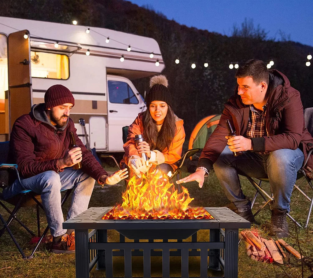Grand Patio 32" Outdoor Fire Pit, Bonfire Wood Burning Fire Pit for Outside, Square Backyard Patio Firepit Table with Spark Screen wrap Safe Mesh Lid & Poker for Warmth, BBQ or Cooler