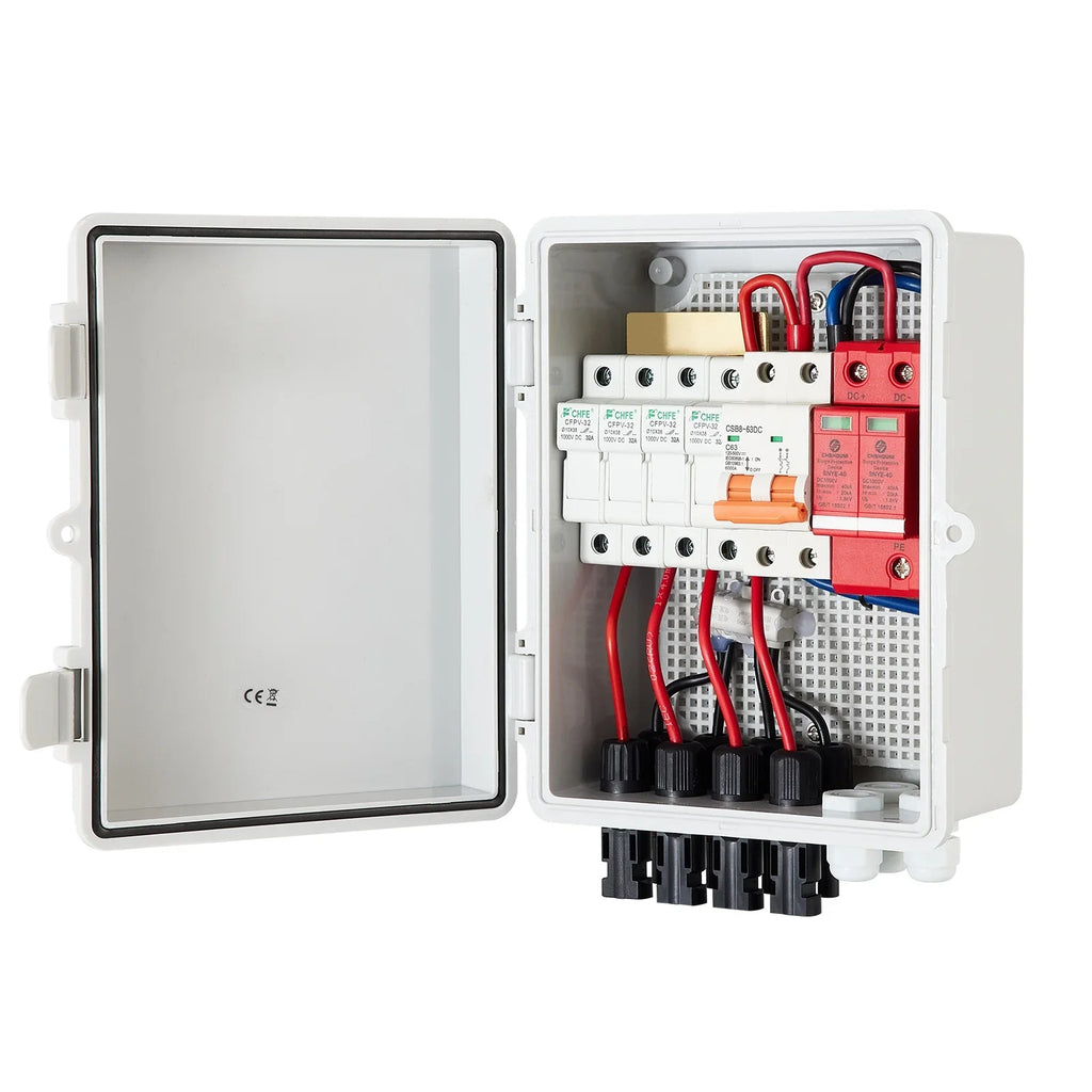 VEVOR PV Combiner Box, 4 String, Solar Combiner Box with 15a Rated Current Fuse, 63a Circuit Breaker, Lightning Arreste and Solar Connector, for On / Off Grid Solar Panel System, IP65 Waterproof
