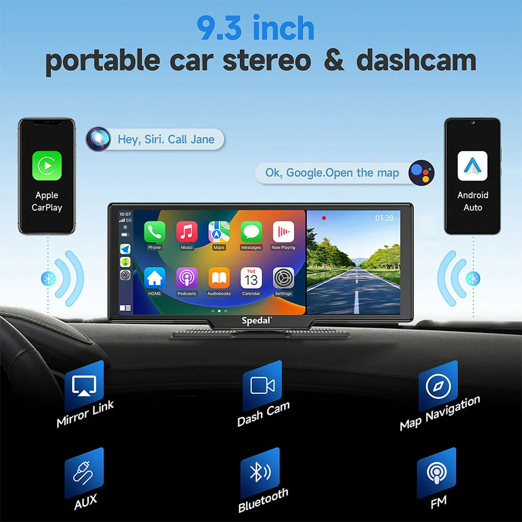 Spedal CL860 Portable CarPlay Screen with 4K Dash Cam Front and Rear- 9.3" Wireless  CarPlay ＆Android Auto Car Stereo  Bluetooth  GPS Navigation Head Unit Car Stereo Receivers 1080p Rear Camera