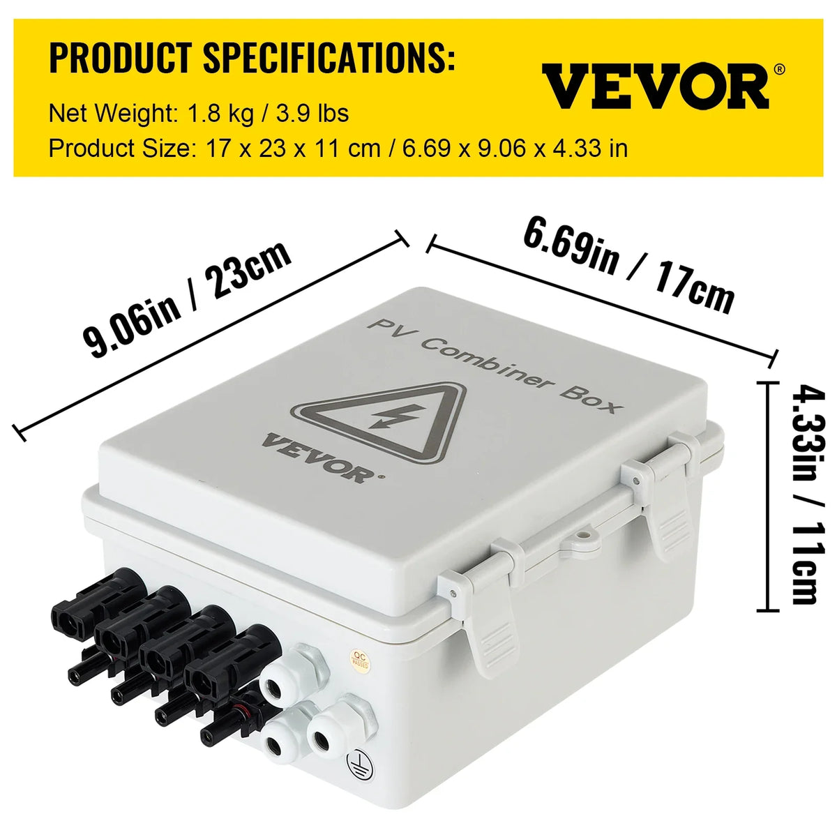VEVOR PV Combiner Box, 4 String, Solar Combiner Box with 15a Rated Current Fuse, 63a Circuit Breaker, Lightning Arreste and Solar Connector, for On / Off Grid Solar Panel System, IP65 Waterproof