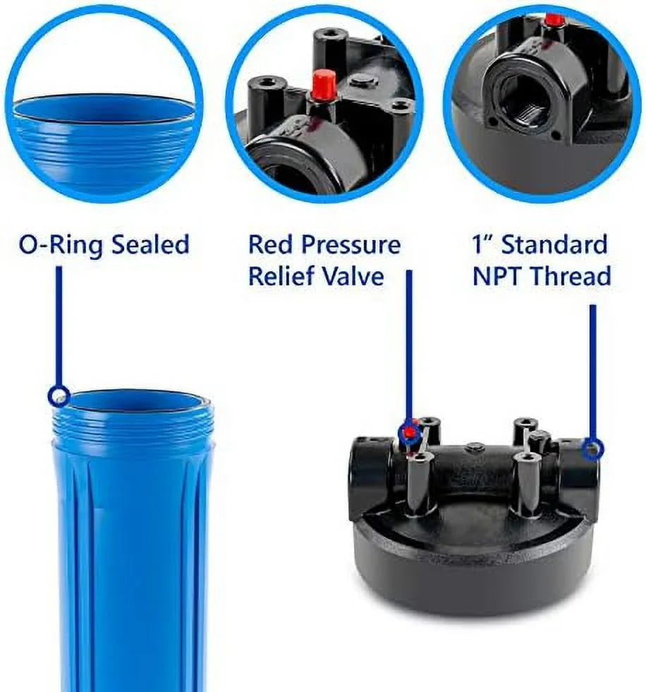 whole house moisture filter housing, universal 20-inch housing 4.5” x 20”, 1-inch npt inlet outlet, heavy duty standard size replacement includes wrench, pressure release button