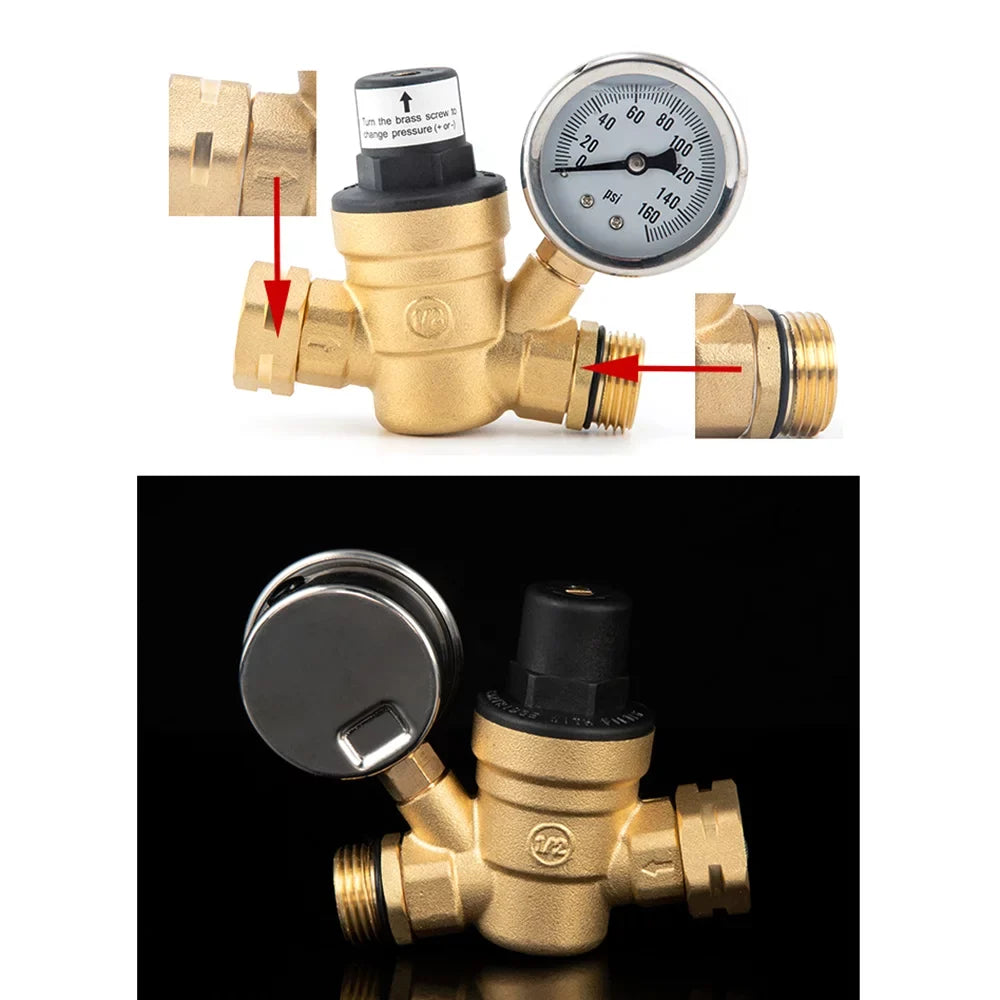 moobody Brass liquid Pressure Regulator Valve for RV Travel Trailer, Adjustable Reducer with Gauge and Inlet Screened Filter