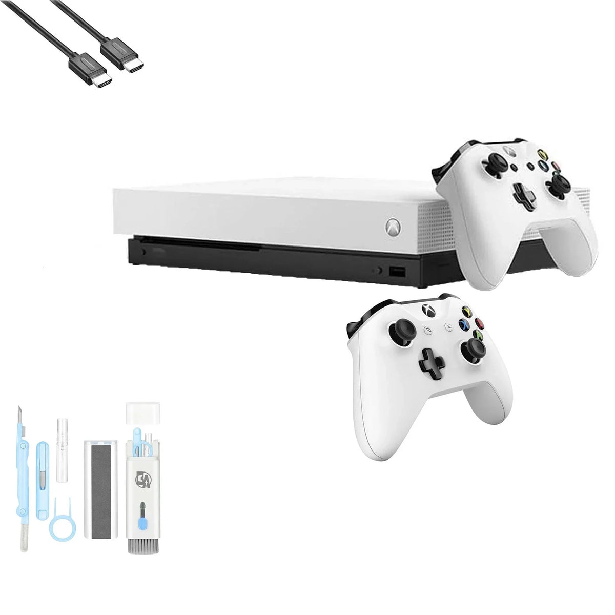 Pre-Owned  Xbox One X 1TB with 2 Controller, 4K Ultra HD White with BOLT AXTION Cleaning Kit HDMI Bundle (Refurbished: Like New)