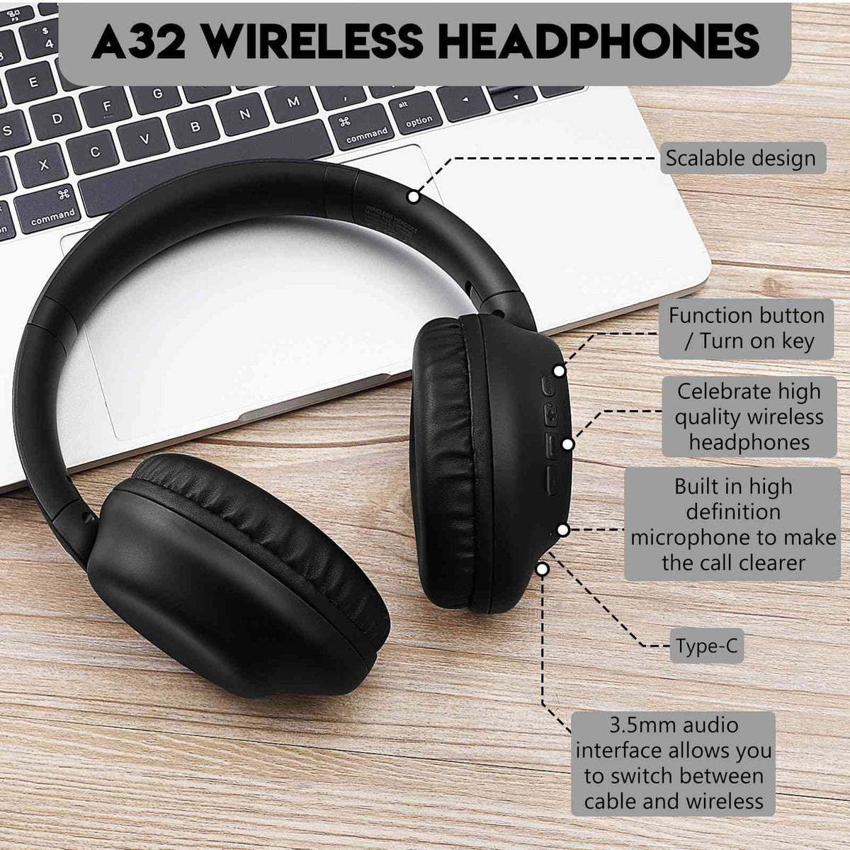 UrbanX UX991 Wireless Bluetooth Stereo Earphones High Resolution Audio Deep Bass Superior Comfort Over The Ear Headphones with Mic for HTC Exodus 1 phone Call Support