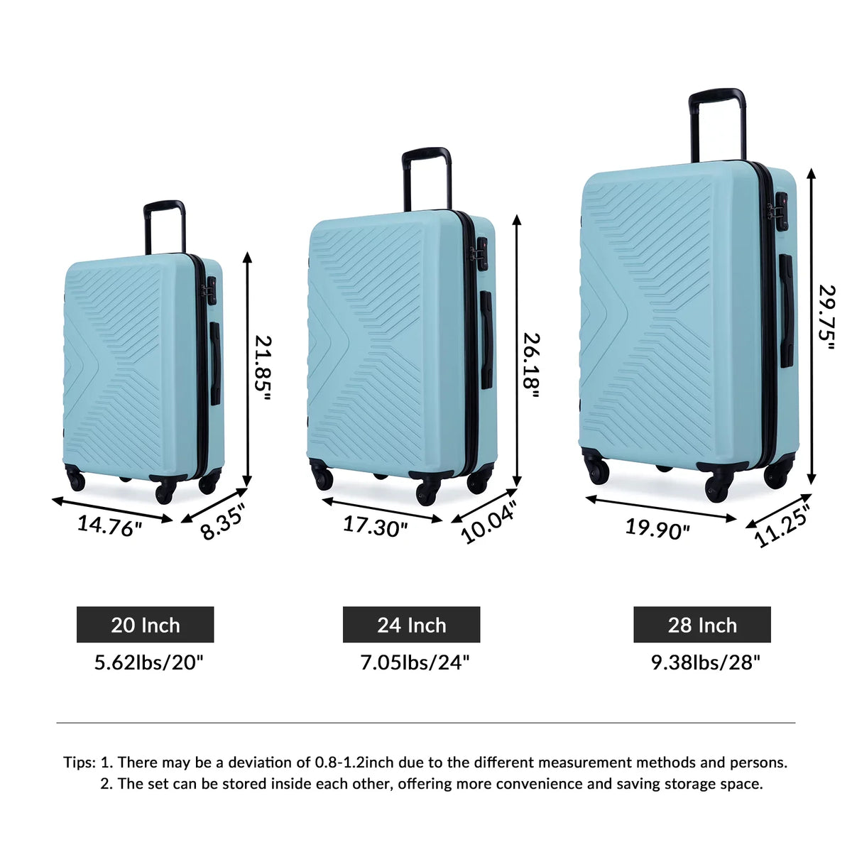 PAPROOS 3 Piece Luggage Sets, Lightweight Suitcase with 360° Spinner Wheels and TSA Lock, Carry on Hardside Suitcase with Two Hooks, Modern Hardshell Luggage Set for Men Women, 20/24/28in, Green