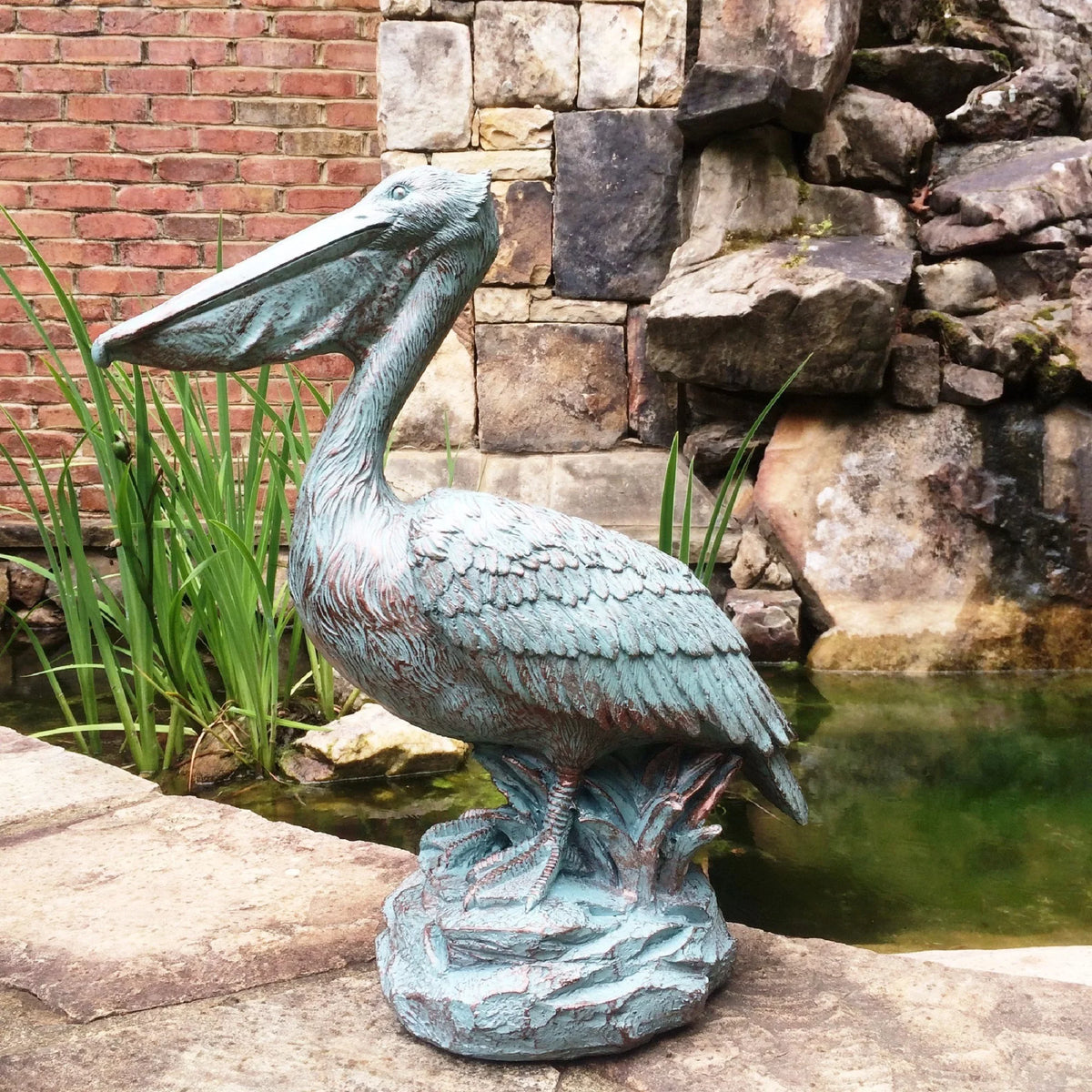 Bronze Patina Pelican on Coastal Rock Nautical Beach Statue. Homestyles 20 in