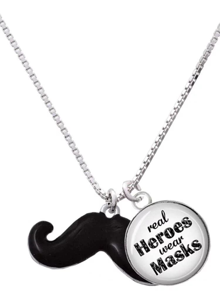 Delight Jewelry Silvertone Large Black Enamel Mustache Dome Real Heroes Wear Masks Charm Necklace