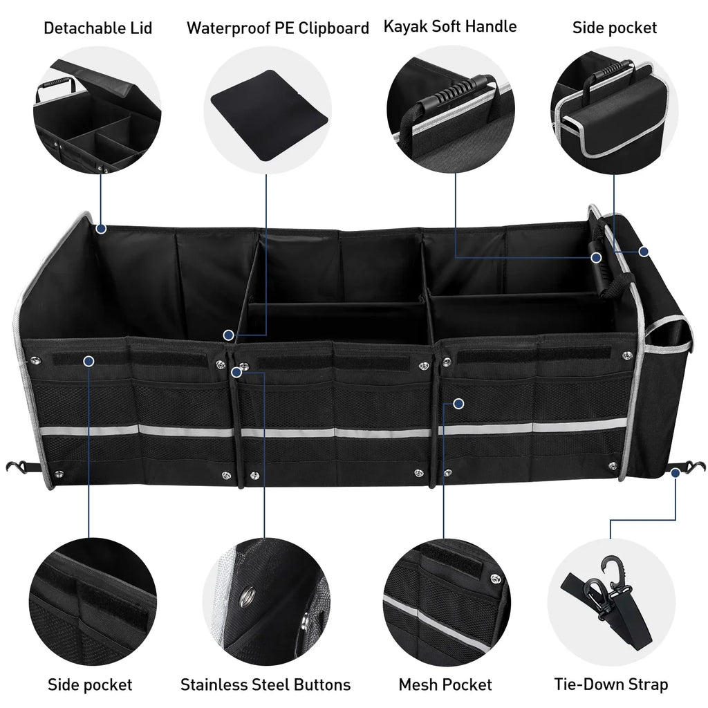 Car Trunk Storage Organizer, 4 in 1 Multi Compartment Collapsible Trunk Storage Box with Leakproof Insulated Cooler Bag for Car Truck SUV