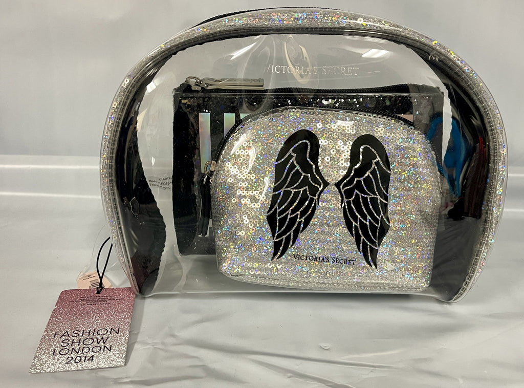 Victoria's Secret Live Like An Angel Wings Clear and Black Sequin Shimmer 3 Piece Cosmetic Makeup Bags Fashison Show London Limited Edition