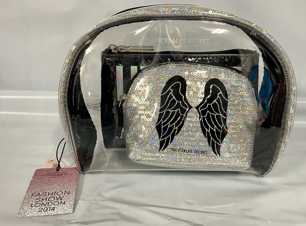 Victoria's Secret Live Like An Angel Wings Clear and Black Sequin Shimmer 3 Piece Cosmetic Makeup Bags Fashison Show London Limited Edition