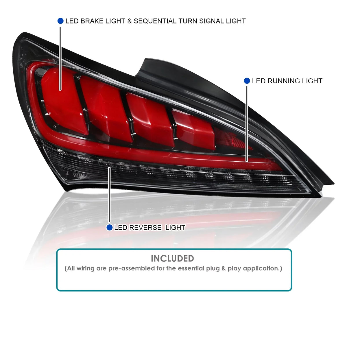 Spec-D Tuning Jet Black Housing Clear Lens Red Sequential LED Bar Tail Lights appropriate with 2010-2016 Hyundai Genesis Coupe Left + Right Pair Assembly