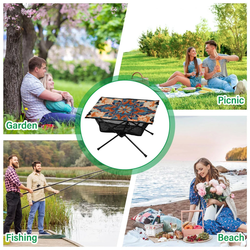 Mandala Pattern Camping Folding Table Portable Beach Table with Storage Bag Compact Picnic Table for Outdoor Travel Fishing BBQ