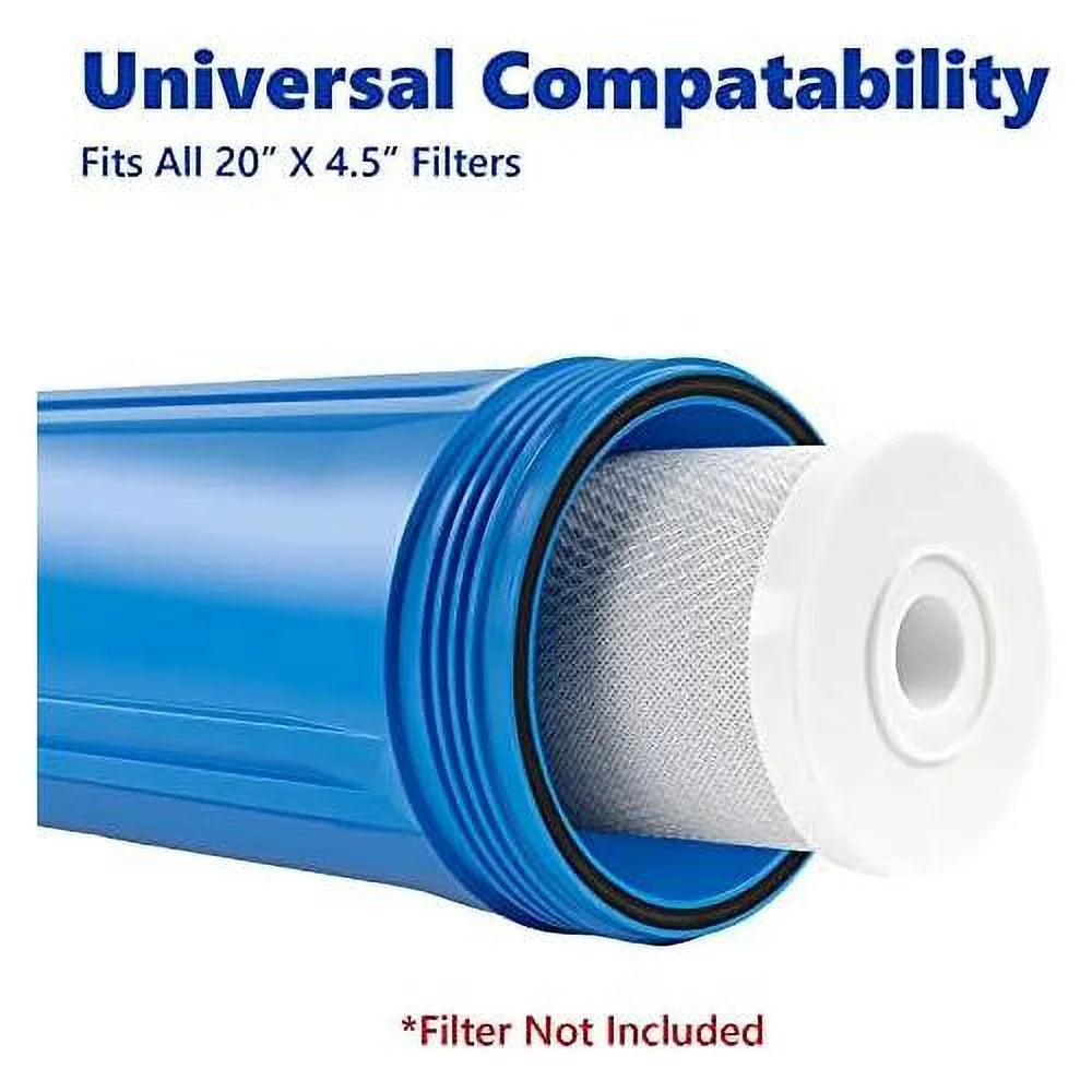 whole house moisture filter housing, universal 20-inch housing 4.5” x 20”, 1-inch npt inlet outlet, heavy duty standard size replacement includes wrench, pressure release button