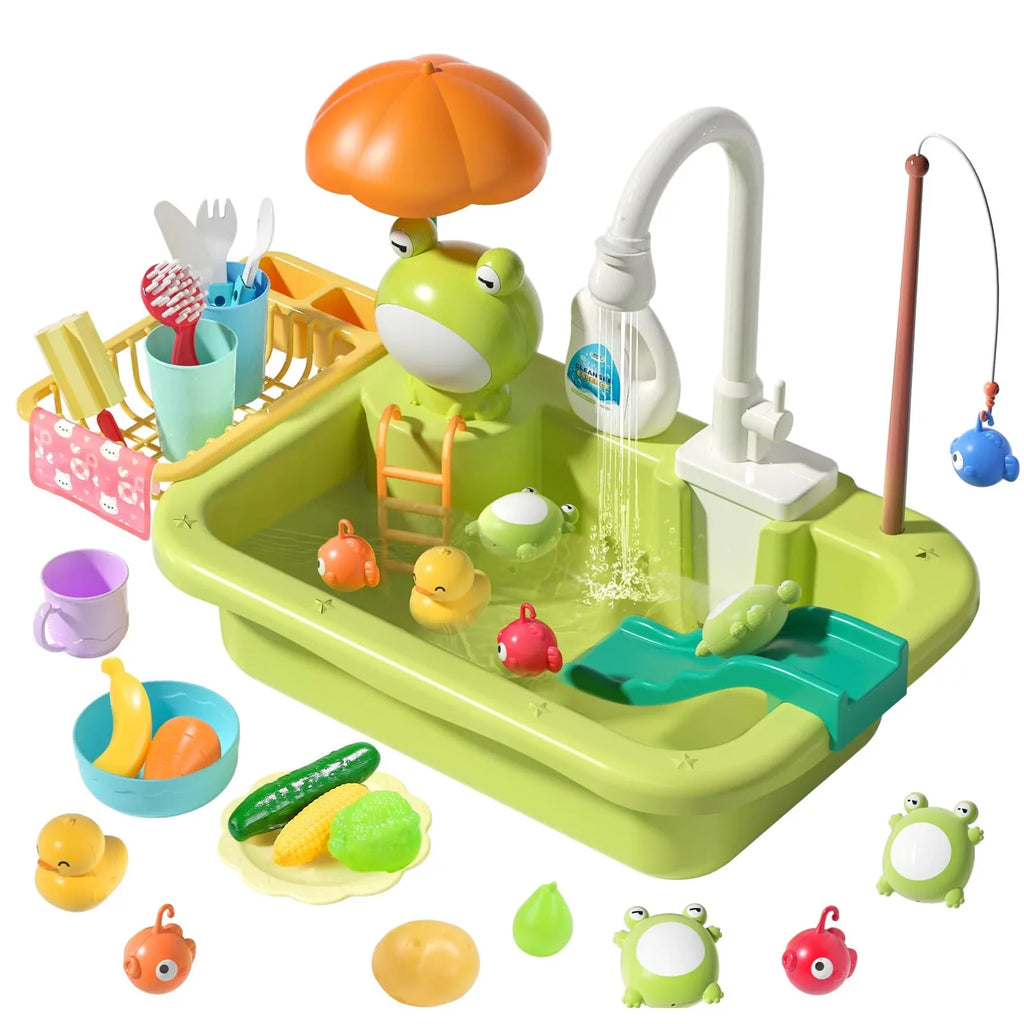 Play Sink with Running liquid, Kitchen Sink Toys with Upgraded Electric Faucet, Play Kitchen Toy Accessories, Pool Floating Fishing Toys for liquid Play, Kids Role Play Dishwasher Toy