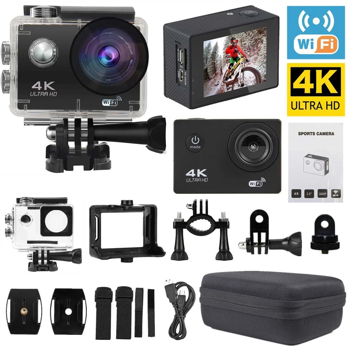 Action Camera HD 1080P Sports Camera Under 30M Waterproof, TF Card, Battery, Carry Case Included