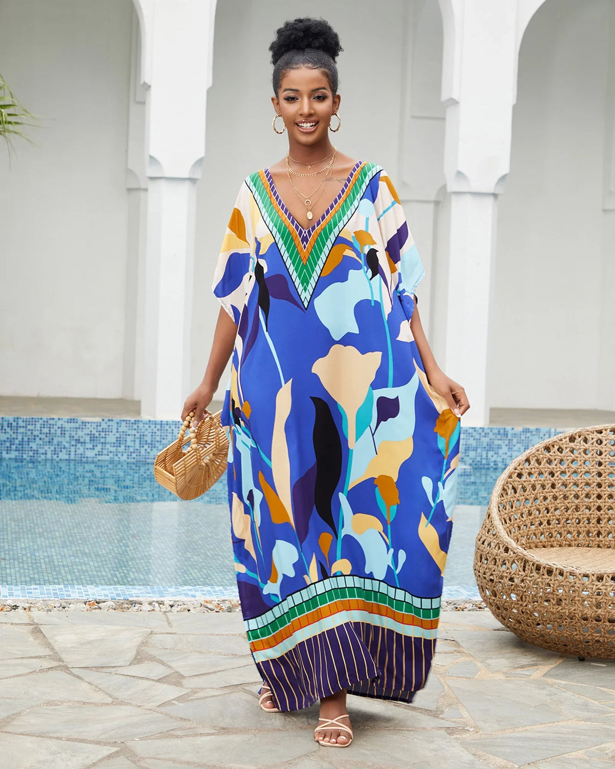 Edolynsa Bohemian Kaftan Dresses Plus Size Swimwear Bikini protector Up Casual Beachwear Long Tops