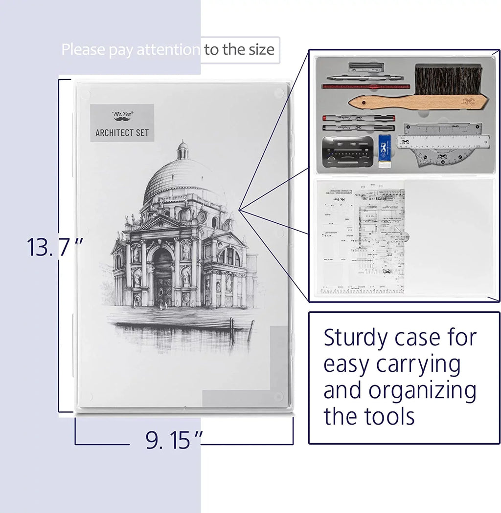 Pen- Architect Set, Professional Geometry Set, 17 Pcs, Compass and Protractor Set, Drafting Tools. Mr